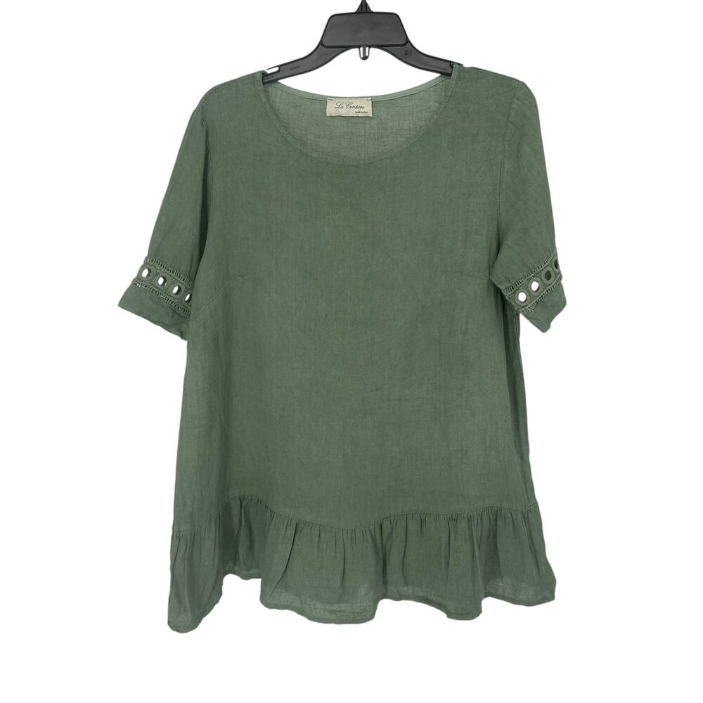 La Contessa Green Linen Ruffle Hem Top – Made in Italy – Eyelet Sleeve Detail